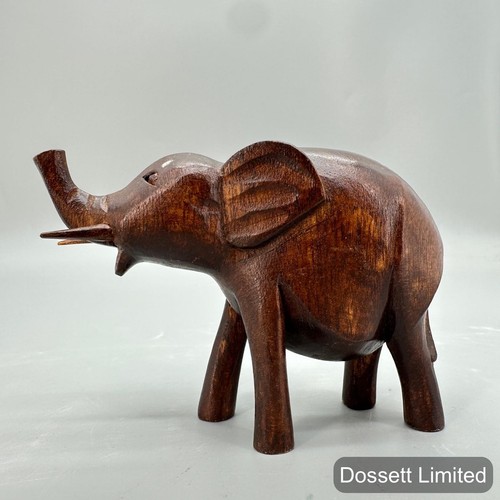 Hand Carved Wood Elephant Figurine Brown Wooden Trunk Up Tabletop Decor