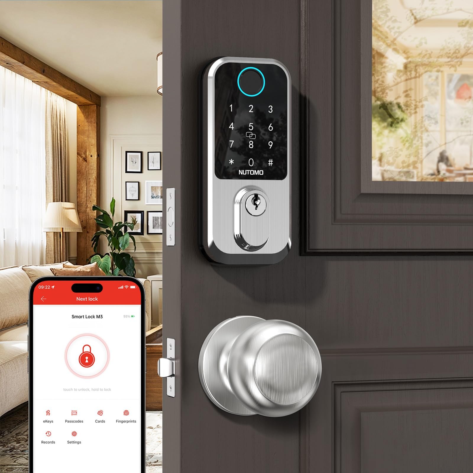 Smart Keyless Entry Fingerprint Deadbolt Lock Set with 2 Door Knobs