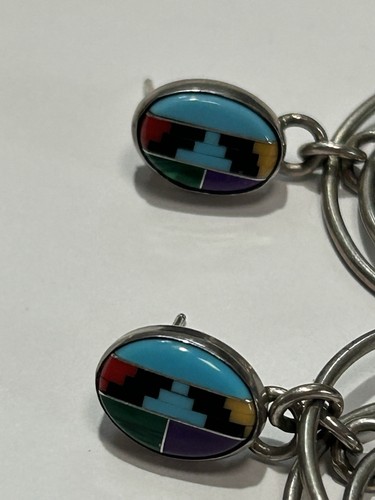Vintage Navajo Southwestern Sterling Silver Multi Stone Inlaid Round Earrings - Picture 4 of 5