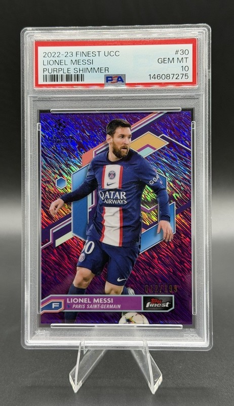 2022-23 Topps Finest UEFA Lionel Messi Purple Shimmer Refractor #/199 PSG PSA 10