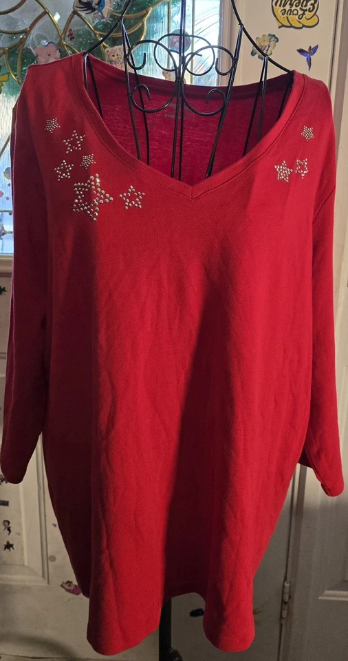 Women Studio Works Red Studded Top Shirt Stars 2X 3/4 Sleeve Vneck 100% Cotton - Image 2 of 4