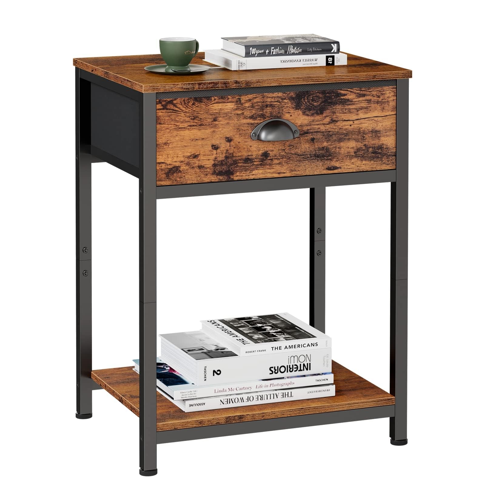 Industrial 2-Tier End Table with Storage Shelf & Fabric Drawer Nightstand