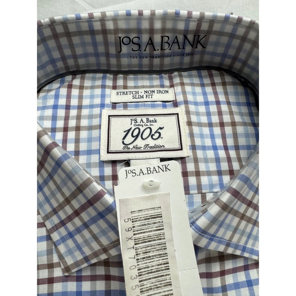 Camisa de vestir JOS A BANK para hombre ajustada elástica sin hierro a cuadros 17 33 manga larga Foto 4 de 4