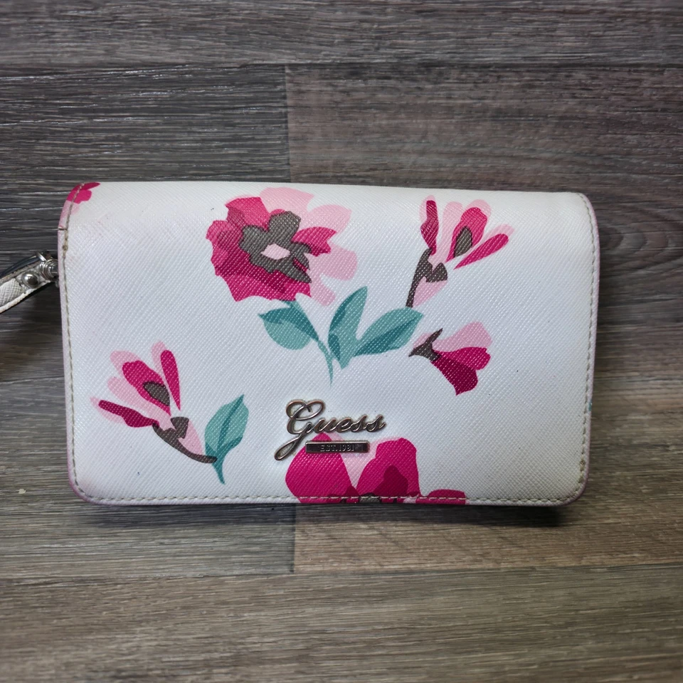Guess Wallet Wristlet White Pink Faux Leather Floral Pastel Bifold Organizer - Image 3 of 4