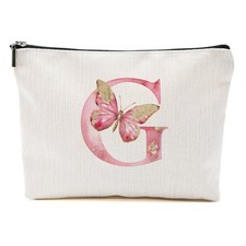 Mothers Day Gift Initial Makeup Bag Pink Butterfly G Letter Large Cosmetic Bag