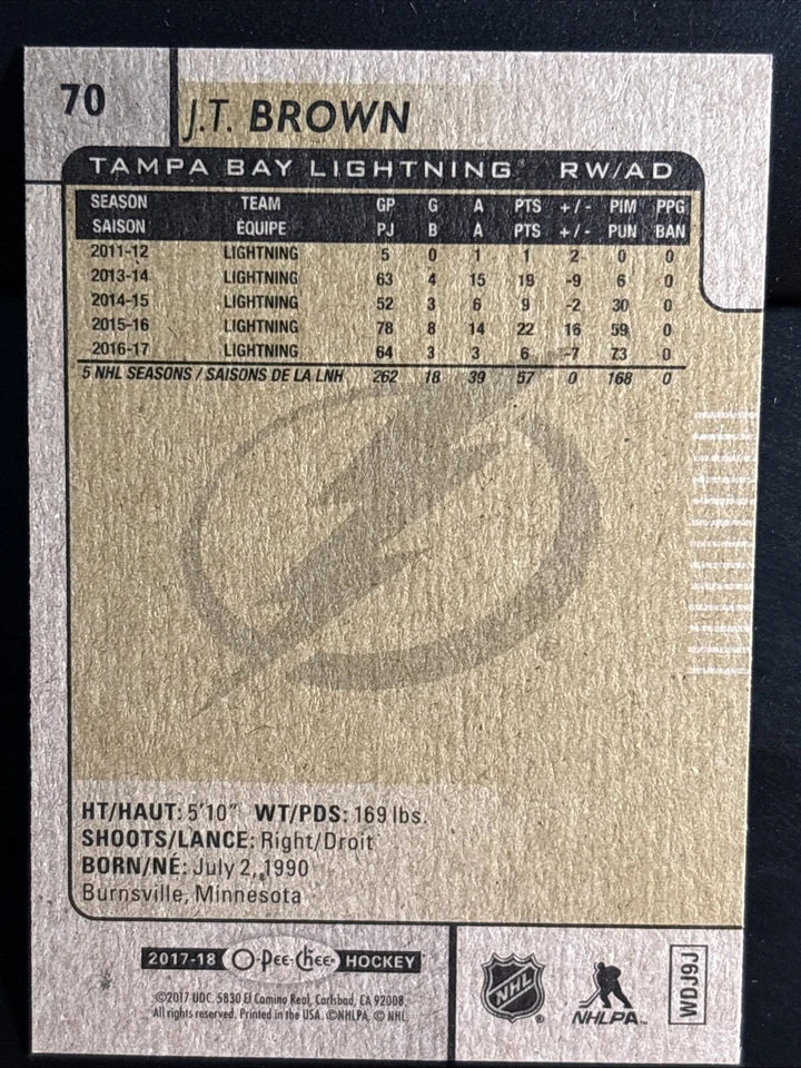 2017-18 17/18 O-Pee-Chee #70 J.T. Brown Tampa Bay Lightning - Image 2 of 2