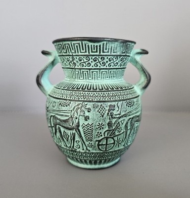 KLEINE GRIECHISCHE AMPHOREN VASE BRONZE GRÜN PATINA GÖTTER OLYMPISCHE MYTHOLOGIE 