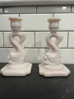 Pair Of Vintage Collectable Pink Milk Glass Koi Fish Candlesticks 8"