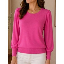 LOFT Bright Pink Puff Sleeve Lightweight Crewneck Sweater S