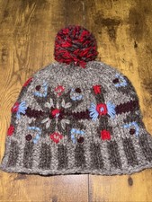 100 Wool Hand Knit Artisan Fleece Lined Hat Nepal Floral Tan