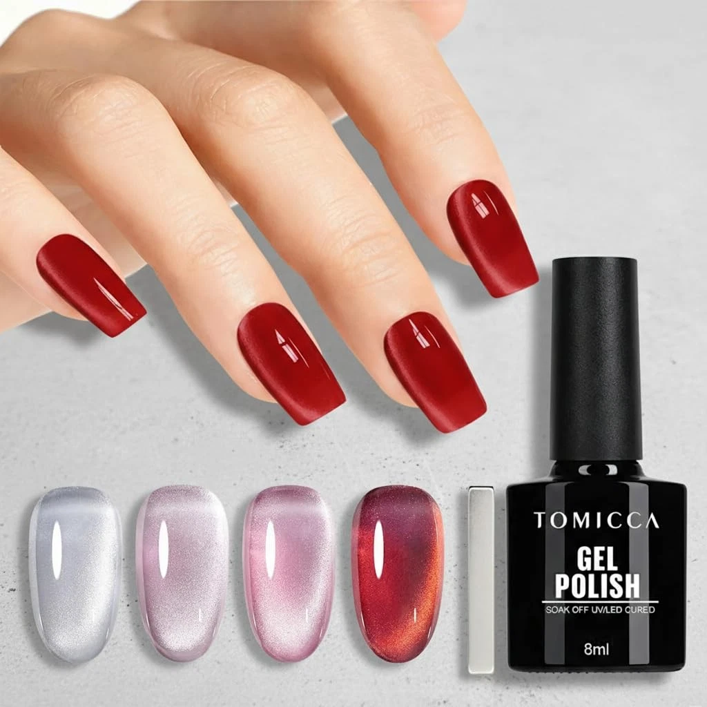 Cat Eye Gel Nail Polish Magnetic, 4 Colors Semi Permanent Glitter Varnish...