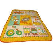 Vintage It  s A Boy Baby Quilt 34x43 Retro Appliqu  Nursery Blanket Trains Bikel