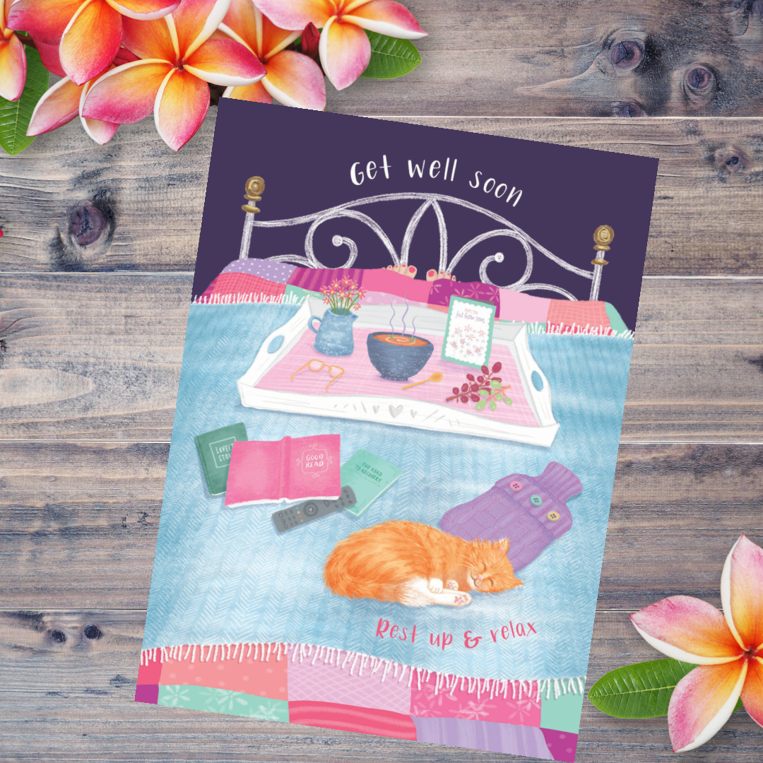 Cat Themed Get Well Soon Card - Breakfast in Bed - Sale For Our Animal Charity
