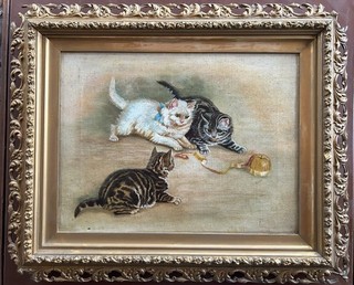 19/20 th Century Oil Painting Portrait study of Three Kittens Playing