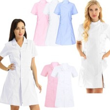 Womens Hospital Nurse Uniform Dress Short Sleeve Button Scrub Lab Coat Dress