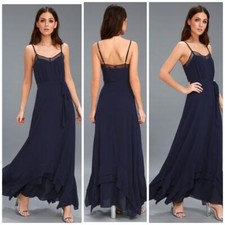 Lulus Stars in Your Eyes Women's Navy Blue Maxi Dress size S Ruffle Georgette DM