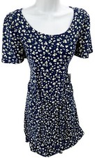 Junior Large Trixxi Dress Blue Floral Stretch Belted Short Sleeves Above Knee