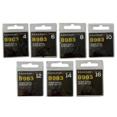 50 x Kamasan B983 Wide Gape Eyed Specialist Haken. Schnurrbart Stachel. Größen 4 bis 16.