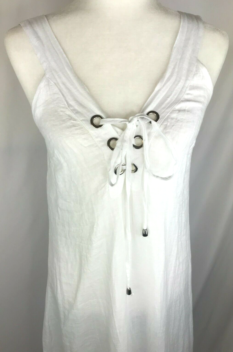 laura gotti linen dress Laura Gotti Size Medium Made in Italy Pure Linen Dress White Tie Neckline  NWT