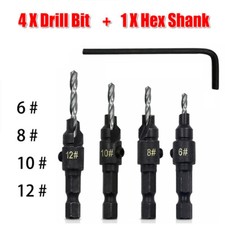 4Pc HSS SCREW COUNTERSINK BIT SET Pilot Hole Drill Metal/Plastic/Wood Hex Shank