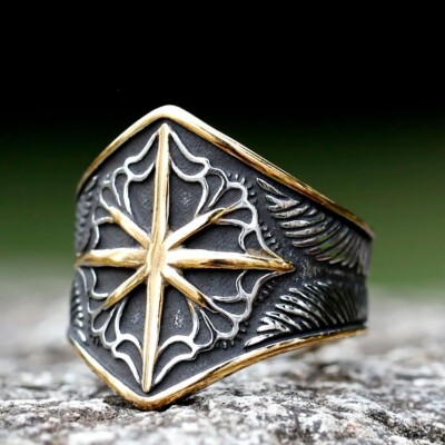 Vintage Unique star rock David Circle Ring Stainless Steel Men Boys Punk  Ring