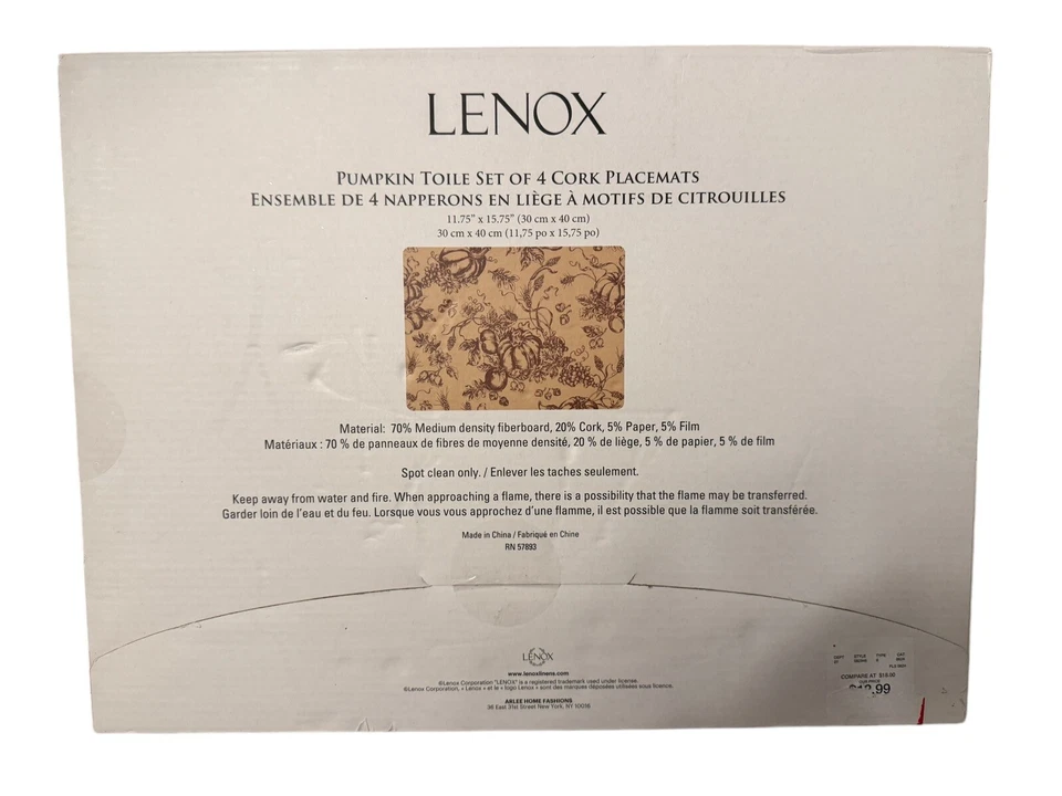Lenox Set Of 4 Placemats Pumpkin Vine Toile  Cork New Fall Thanksgiving - Image 3 of 3