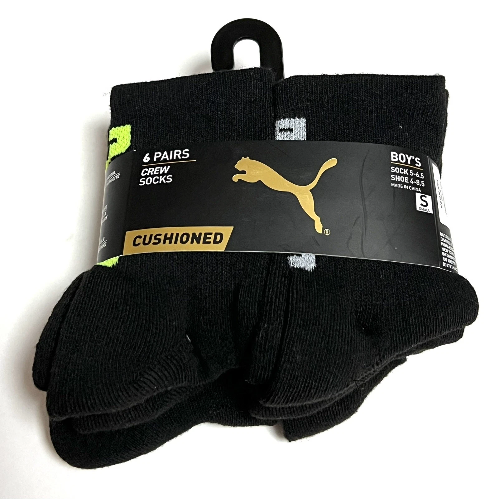 Puma Confezione 6 Calzini Crew Nero Scarpe Imbottite Ragazzo Taglia 4 8 5 Supporto Arco