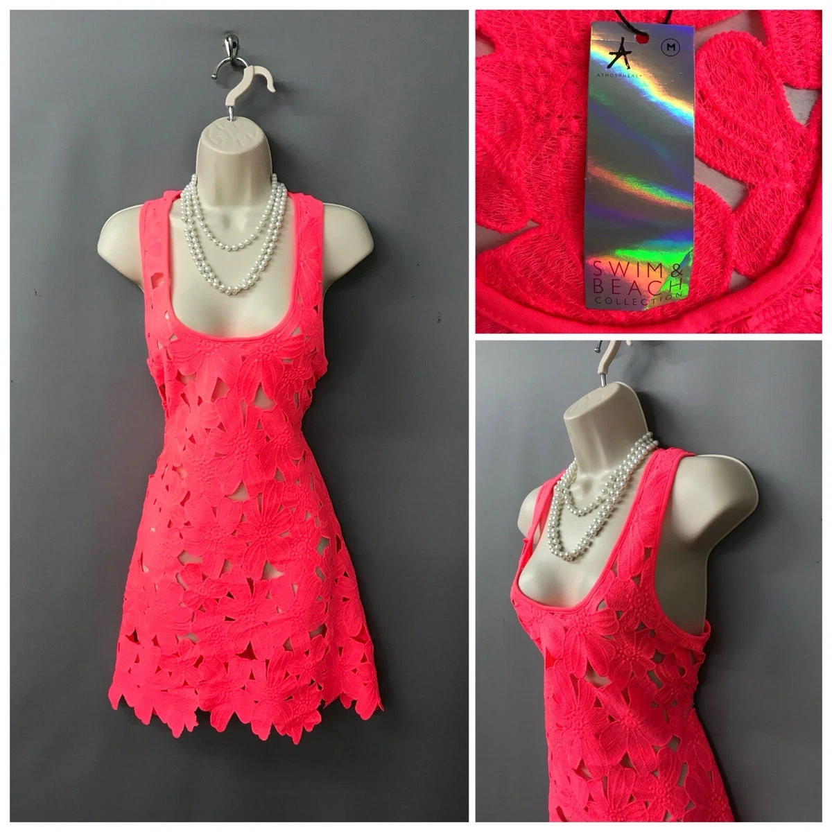 NEW Atmosphere Bright Pink Coral Sleeveless Broderie Sheer Dress