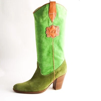 Mauro Volponi Botas Cowboy Verde Ante Marrón Cuero Mujer Talla US 9 Eu 39 - Imagen 1 de 4