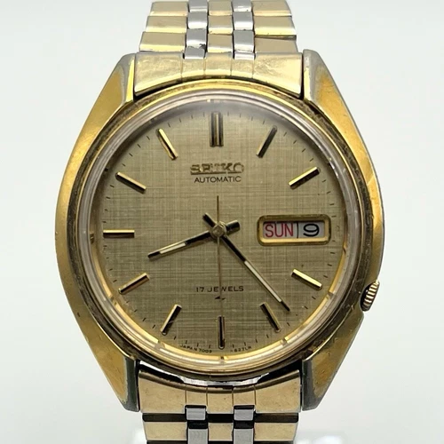 Vintage Seiko 7009-8279-P Automatic 17 Jewels Day Date Gold Linen Dial Two Toned