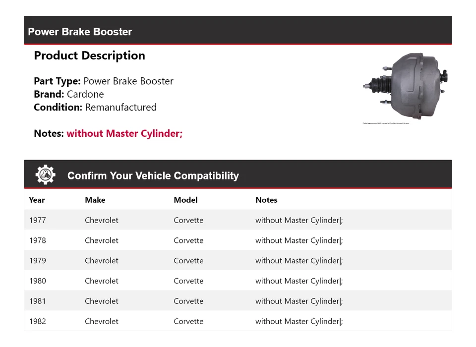 Para Chevrolet Corvette 1977-1982 Power Brake Booster Cardone 1978 1979 1980 1981 Foto 2 de 4
