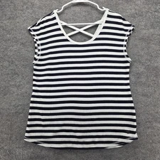 T By Talbots Shirt Womens Medium Navy White Stripe Criss Cross Neck Top
