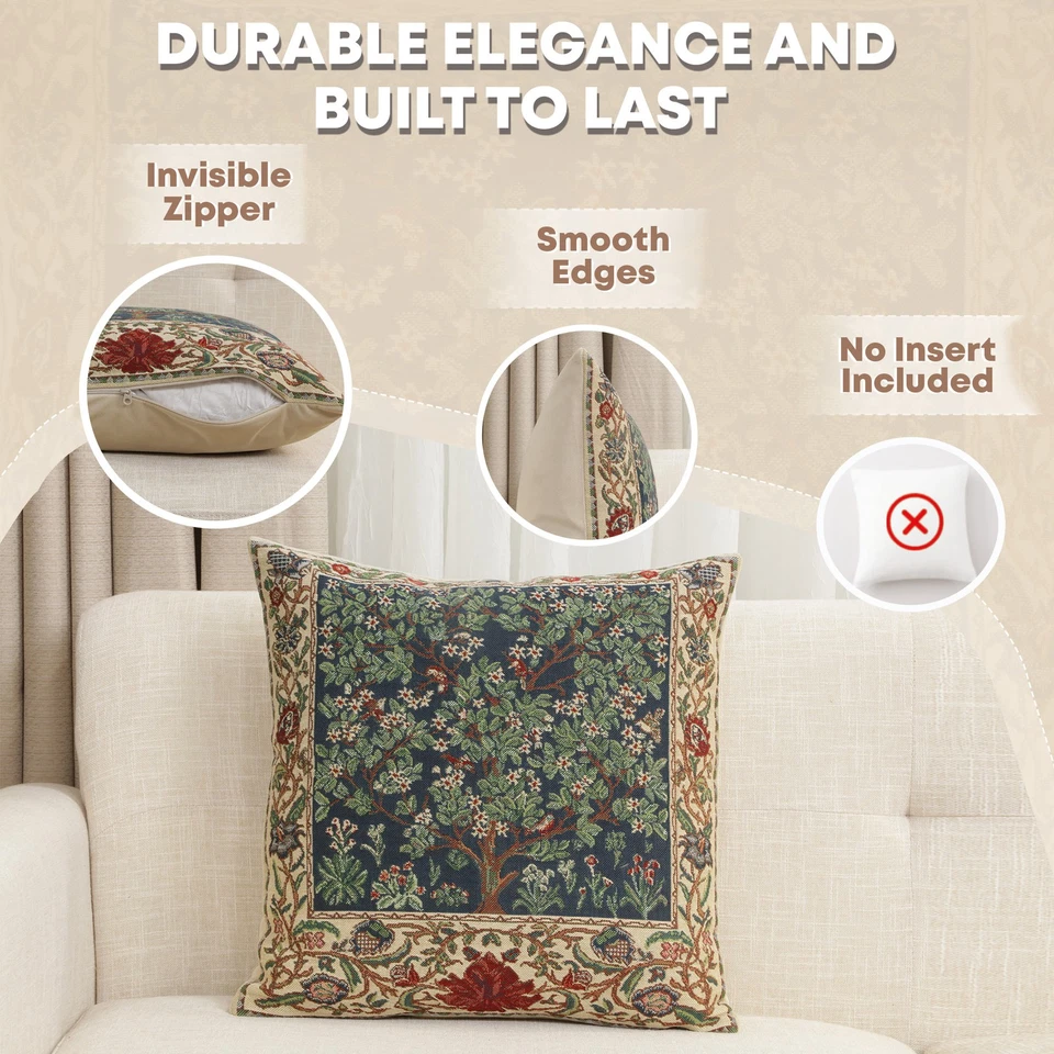 Funda de almohada tapiz árbol de la vida William Morris 16x16 jacquard belga Foto 3 de 4