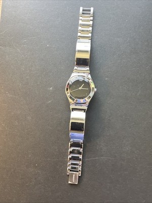 Swatch Irony Swiss Made Watch Silver Stainless Steel Band AG 1999 Black Face.