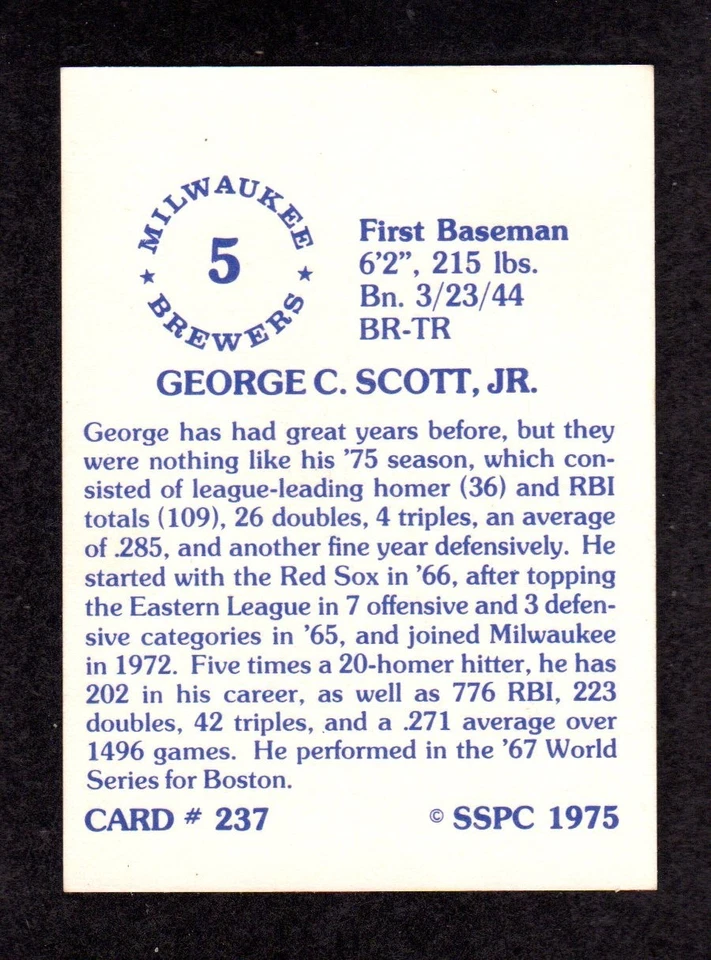 1975 SSPC #237 George Scott Milwaukee Brewers Red Sox Baseball Card NM/MT - Image 2 of 2
