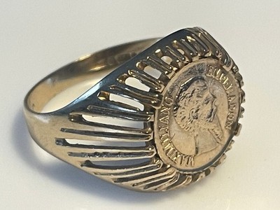 9ct gold Ring vintage Maximilian Emperador 1865 coin Ring size M 2.4 g Signet