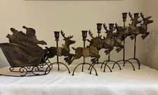 VTG Solid Antiqued Brass 7 Pc Santa Sleigh Reindeer Candlesticks Christmas Decor