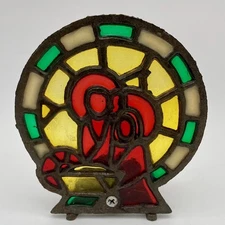 Vintage Christmas Nativity Scene Stained Glass Cast Iron Tea Light Candle