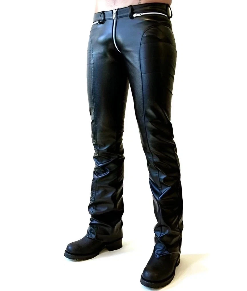Men's Real Leather Black and Brown Pant Punk Kink Jenas Sexy & Gay Bluff Trouser