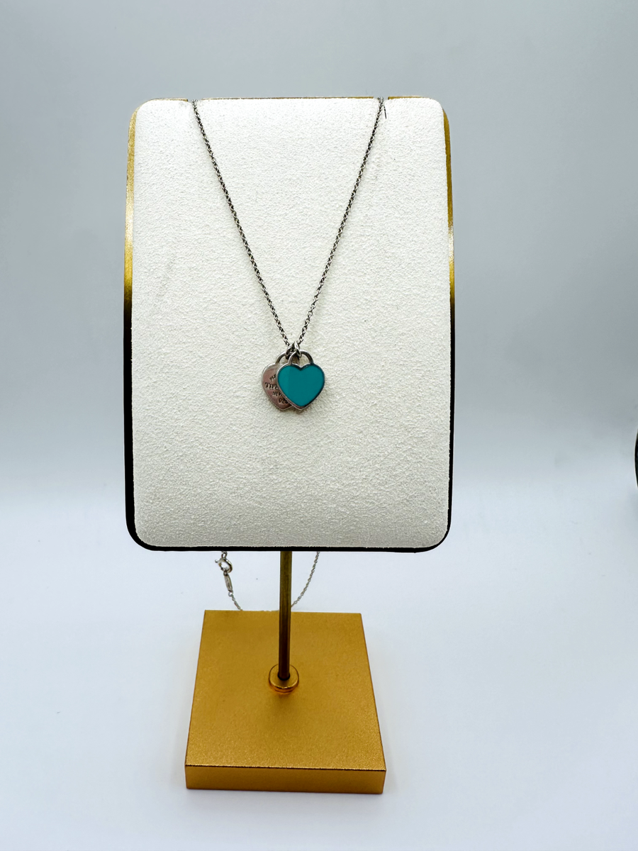 Tiffany Sterling Silver Blue Enamel Double Heart Pendant