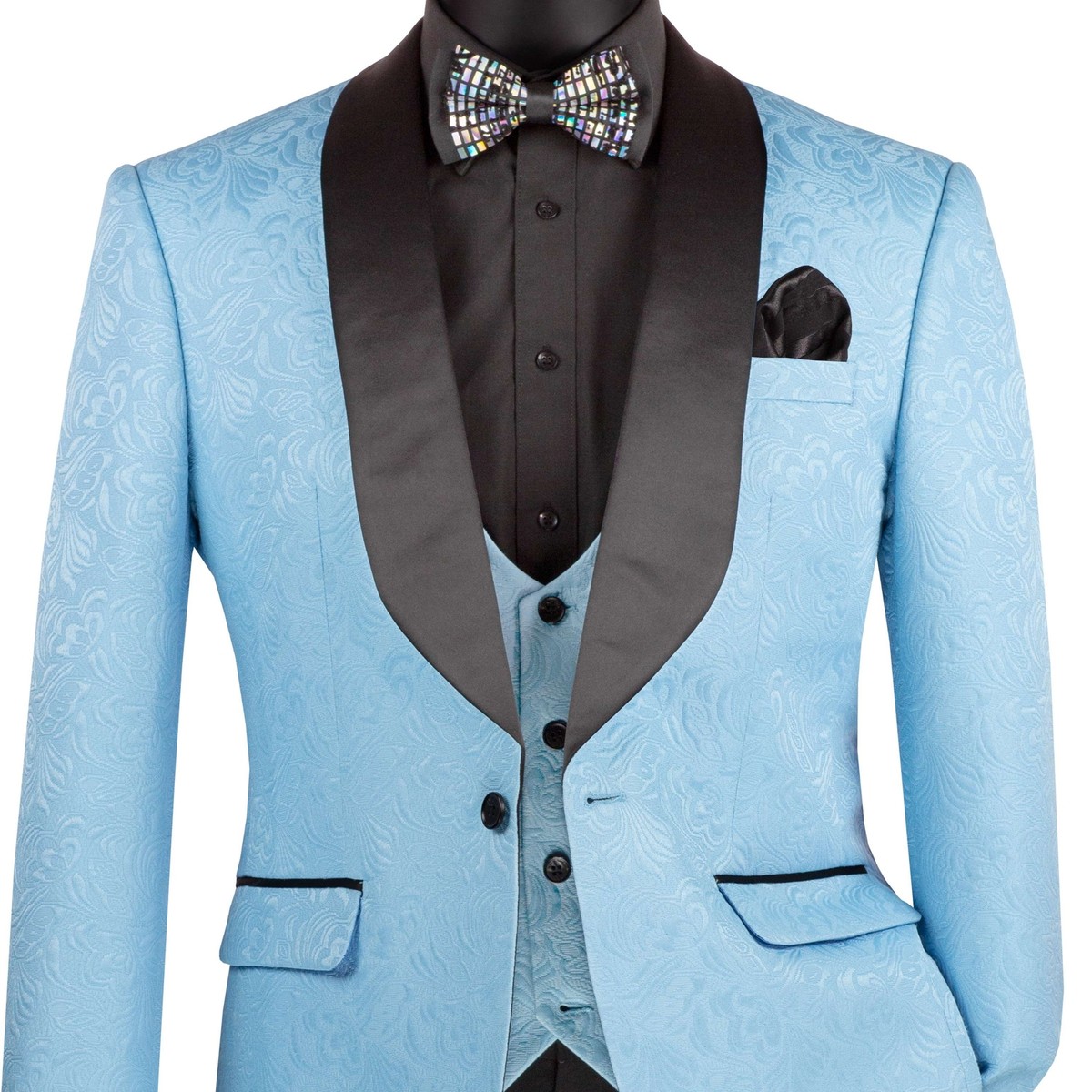 VINCI Men's Light Blue Jacquard 3 Piece Slim Fit Tuxedo