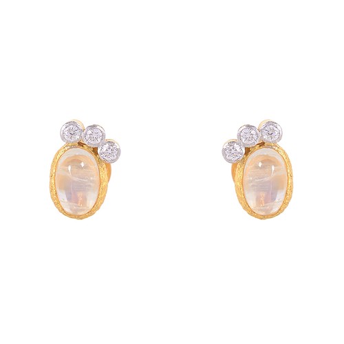 Orecchini a perno in oro giallo 18 carati pavè di diamanti pietra di luna gemma gioielli di design - Foto 4 di 6
