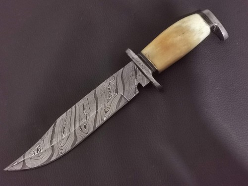 13" CUSTOM HAND MADE DAMASCUS STEEL BOWIE KNIFE WOOD & BONE HANDLE W/SHEATH 5471