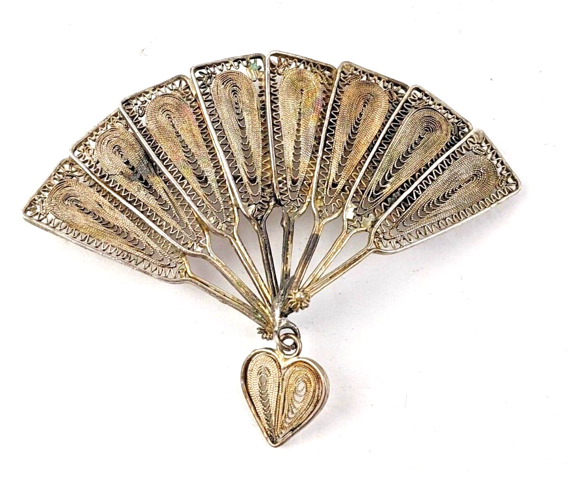 Sterling Silver Chinese Export Ornate Filigree Folding Fan Brooch Pin 2.5