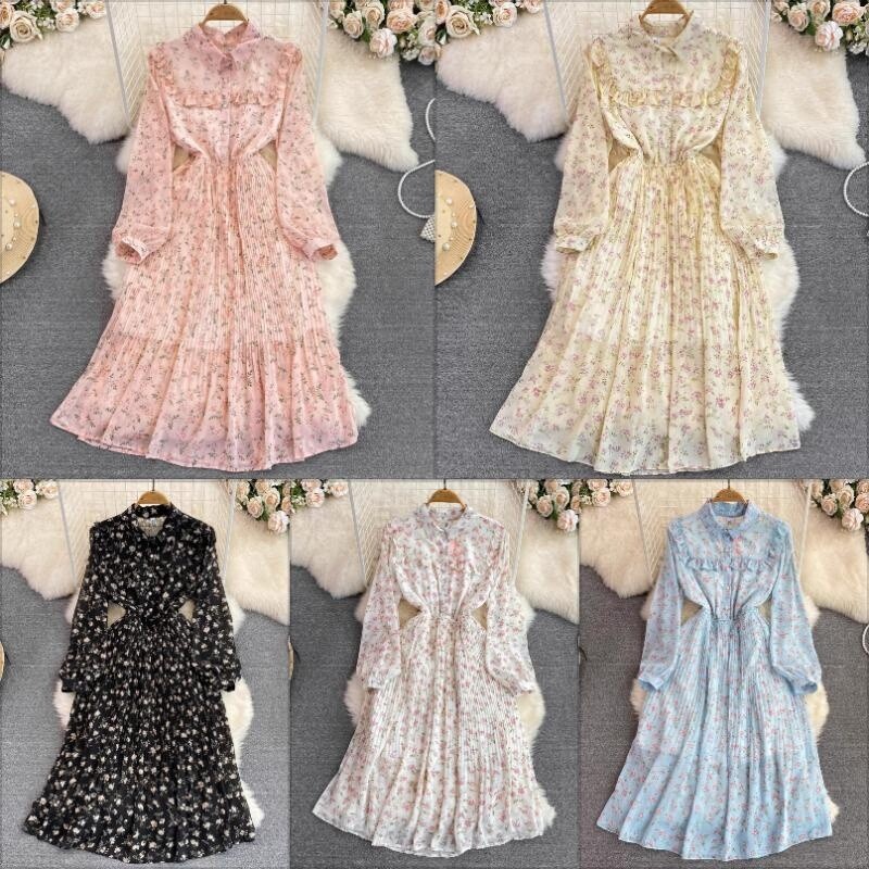 Women Floral Chiffon Pleated Dress Midi Long Sleeve Ruffle