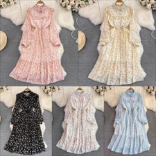 Lady Floral Chiffon Pleated Dress Midi Long Sleeve Ruffle A-line Cottagecore