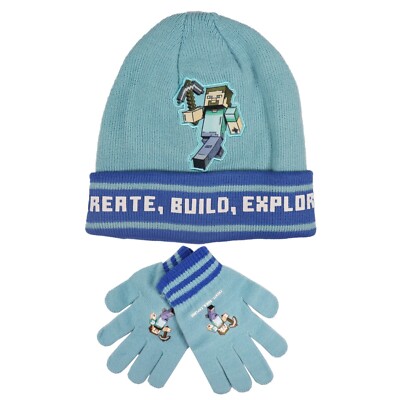 Minecraft Gamer Steve Kinder 2tlg Set Wintermütze Mütze plus Handschuhe  54 56