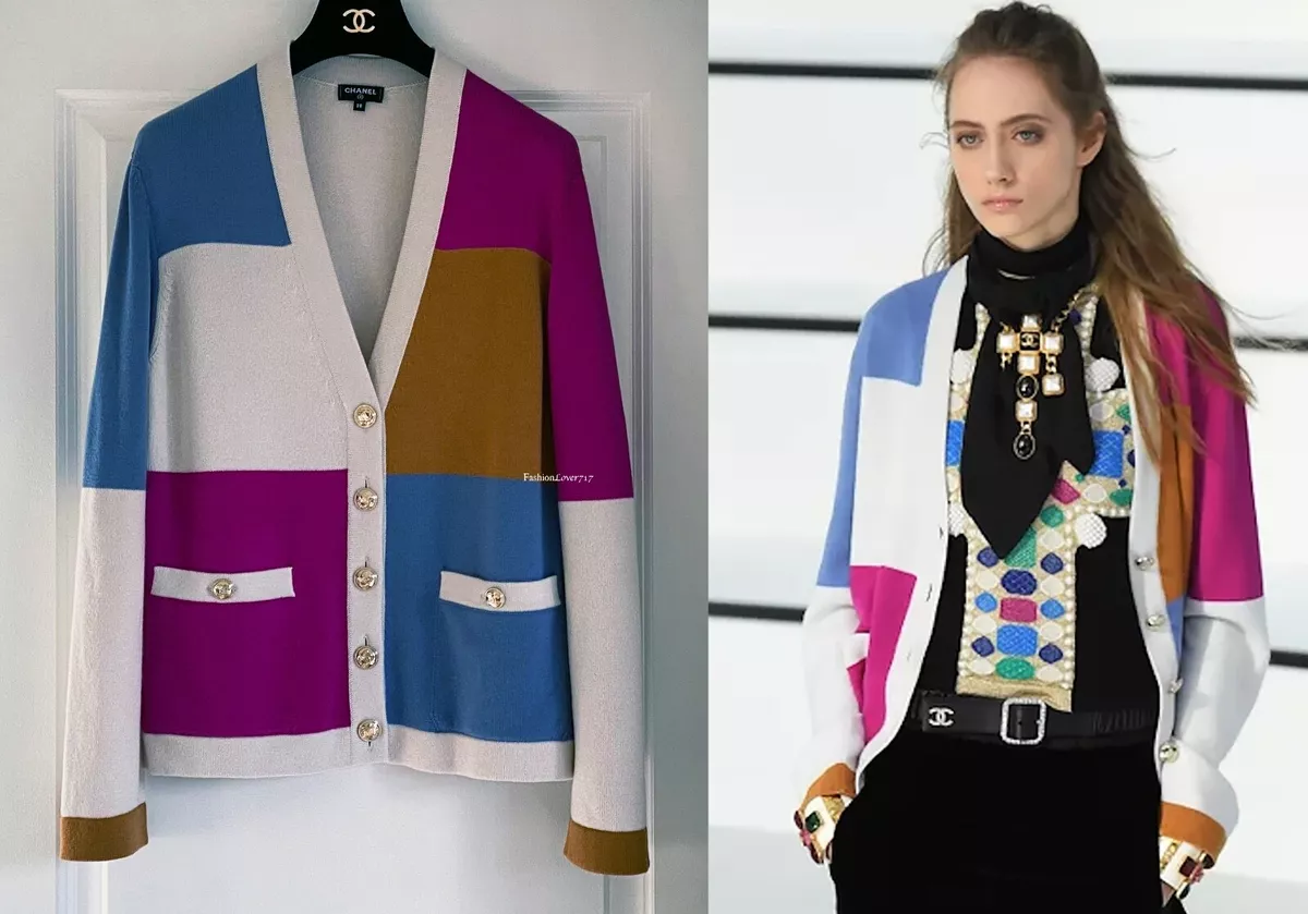 $3500 20A RUNWAY CHANEL GOLD CC BUTTON COLOR BLOCK CASHMERE CARDIGAN  SWEATER 38