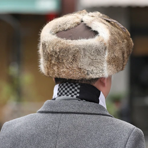 Men's Real Rabbit Fur Hat Russian Ushanka Hat Winter Aviator Trapper Warm Cap - Picture 19 of 26