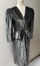 Sexy Black Silver Metallic Midi Dress Size Small Long Sleeve Club Sparkle Y2K